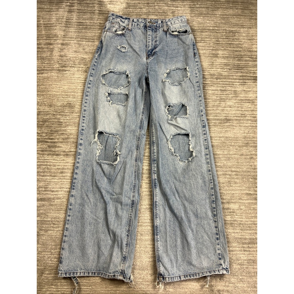 Rue21 Wide Leg Jeans Womens 7 Blue Light Wash Super High Rise Distressed Ripped